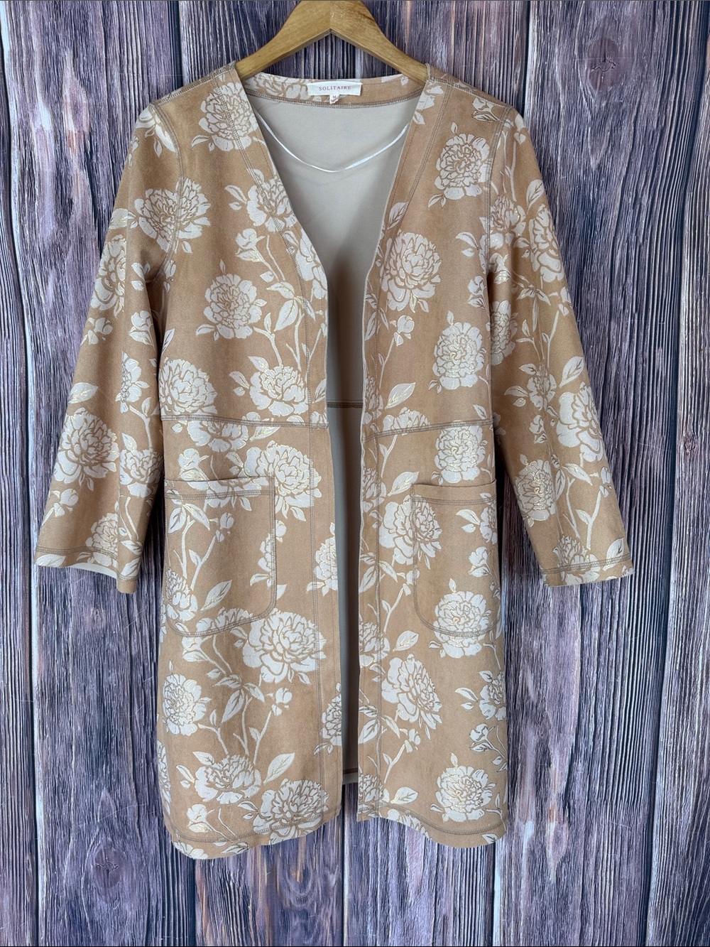 Solitaire Beige Floral Open-Front Duster